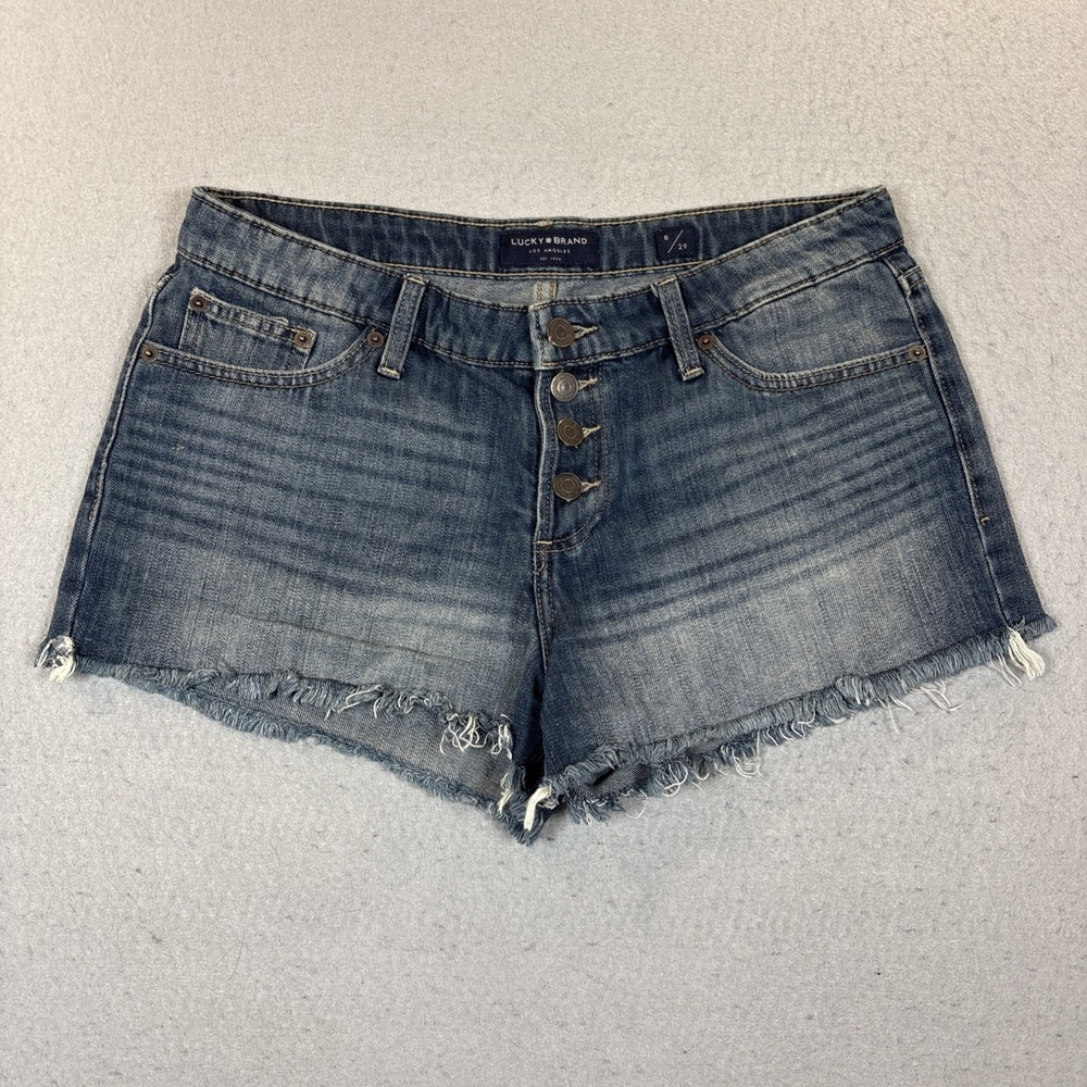 Lucky Brand Short Shorts Women Size 8/29 Blue Cut Off Denim Raw Hem Button up
